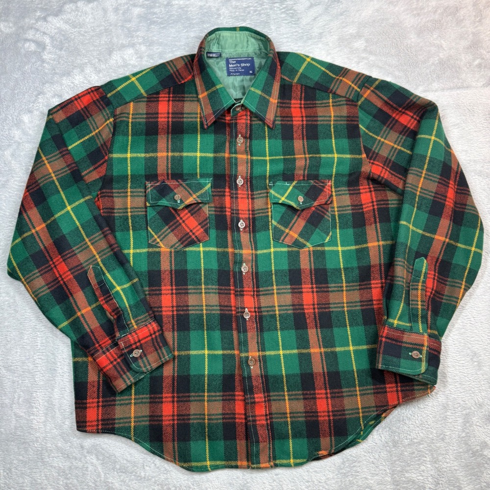 Vintage JCPenney The Mens Shop Flannel Shirt Mens XL Green Plaid Acrylic 80s